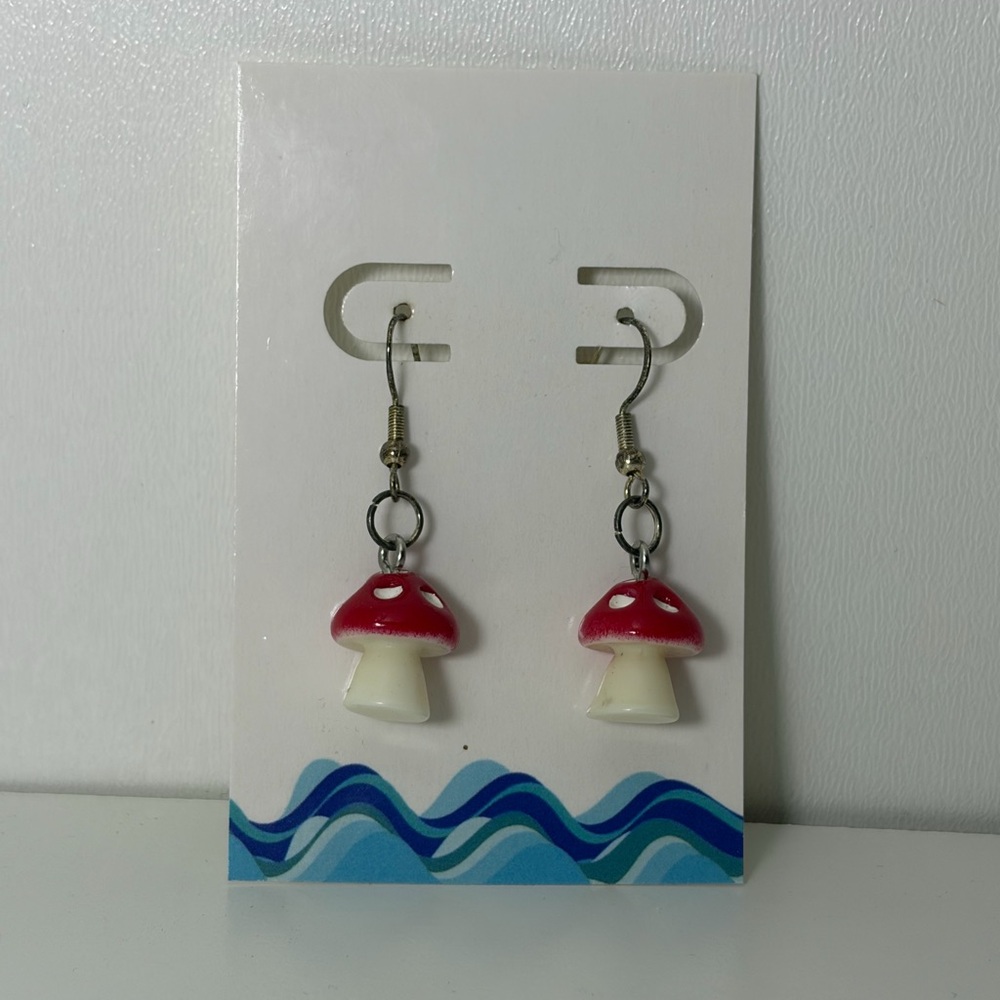 Mushroom Dangle Earrings - Red and White